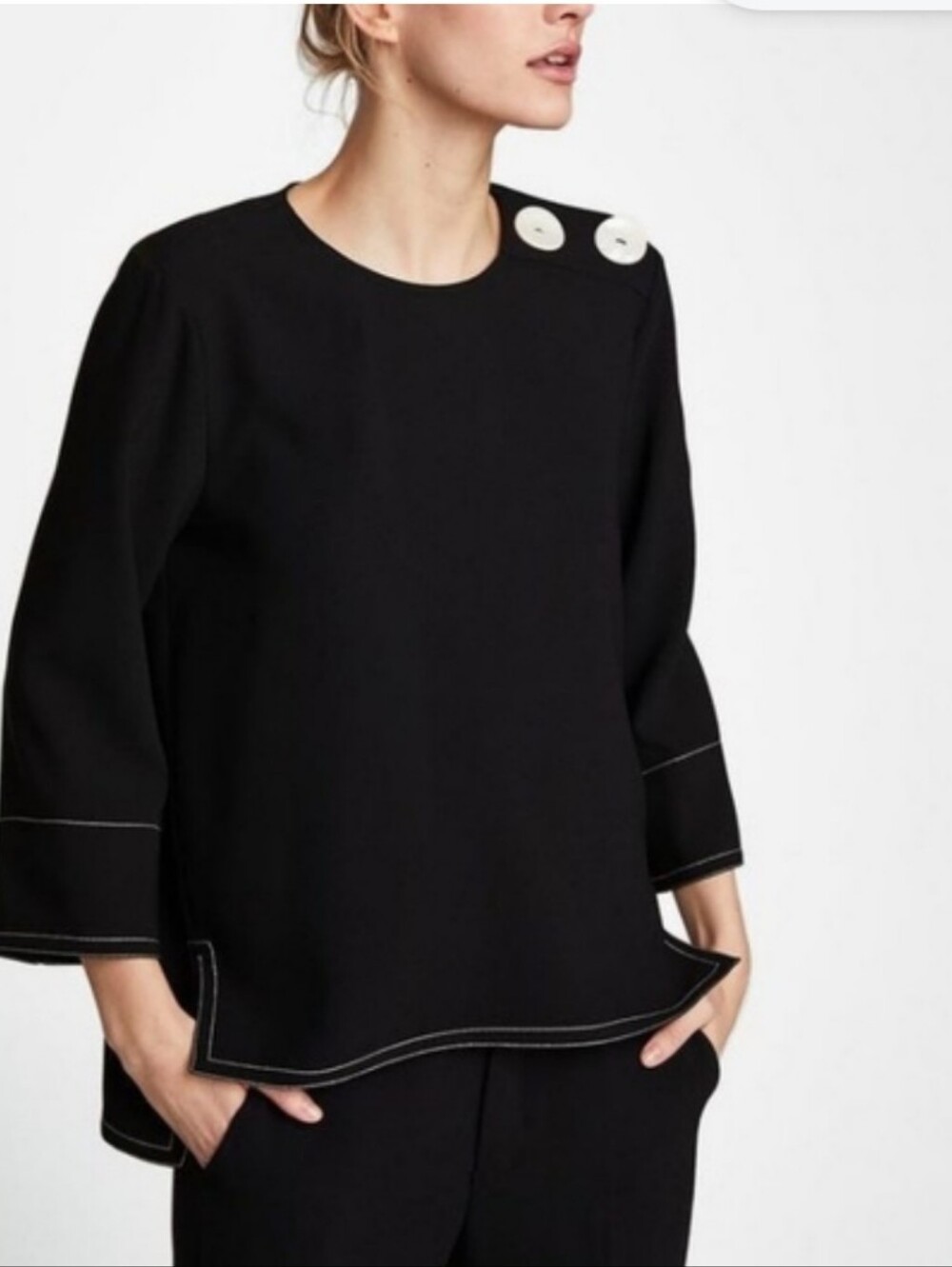 Zara Black Blouse with White Shoulder Buttons